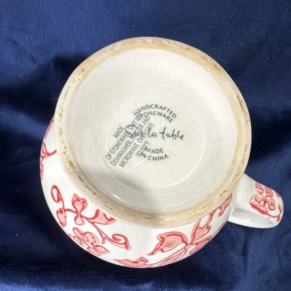 Sur La Table Red White Floral Handcrafted Stoneware Teacup Coffee Mug 12 oz
